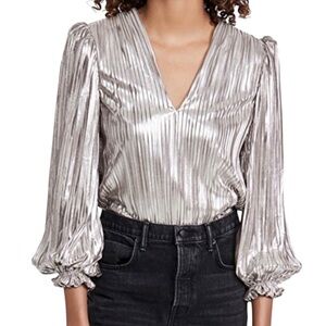 Saloni Metallic Lame Plisse Pleat Long Blouson Sleeve V-Neck Top, Size 8